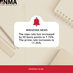 Just in: The repo rate has been increased by 50 basis points to 7.75%, and the prime rate has increased to 11.25%. Make sure you adjust your financial plans accordingly. #NMA #RepoRate #Increase